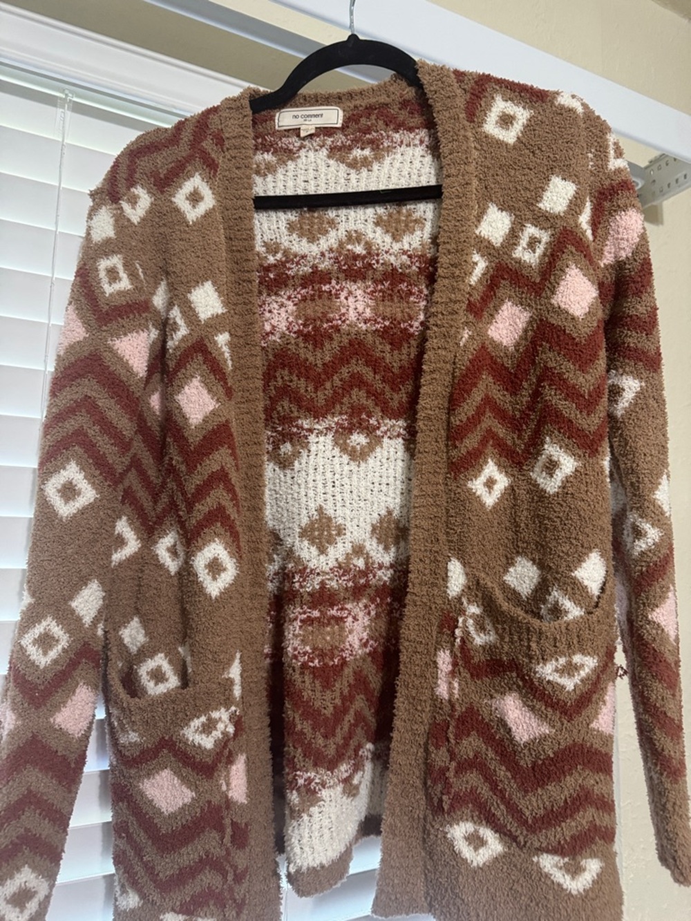 Cozy Geometric Open-Front Cardigan - Brown, Pink & White